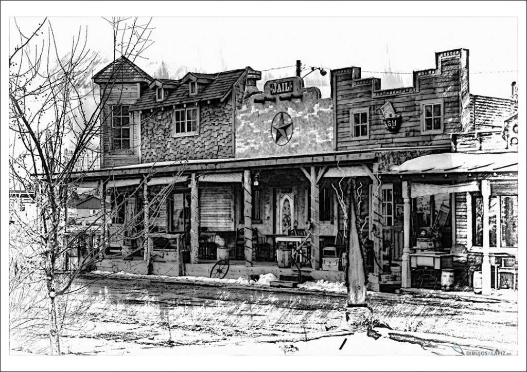 dibujos-a-lapiz-paisajes-pueblo-oeste-americano